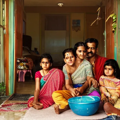 Prompt: a cinematic photograph of an Indian family inside their suburban house, by Gregory Crewdson, shot on phase one large format digital camera, natural lighting, 8K,