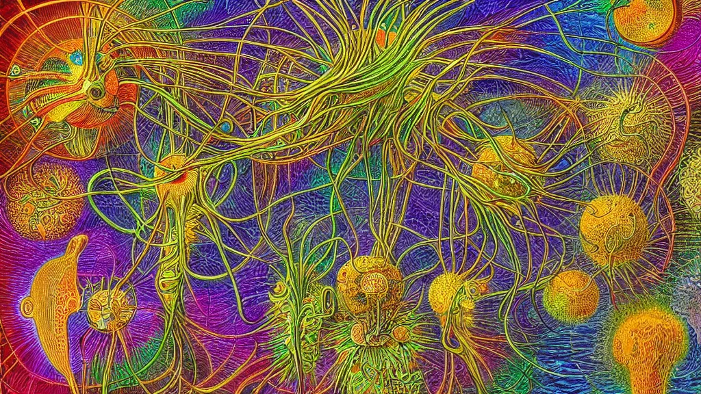 Prompt: quantum connections represented as symbiotic organisms like cells playing around with colorful lights by ernst haeckel, smooth, sharp, realistic