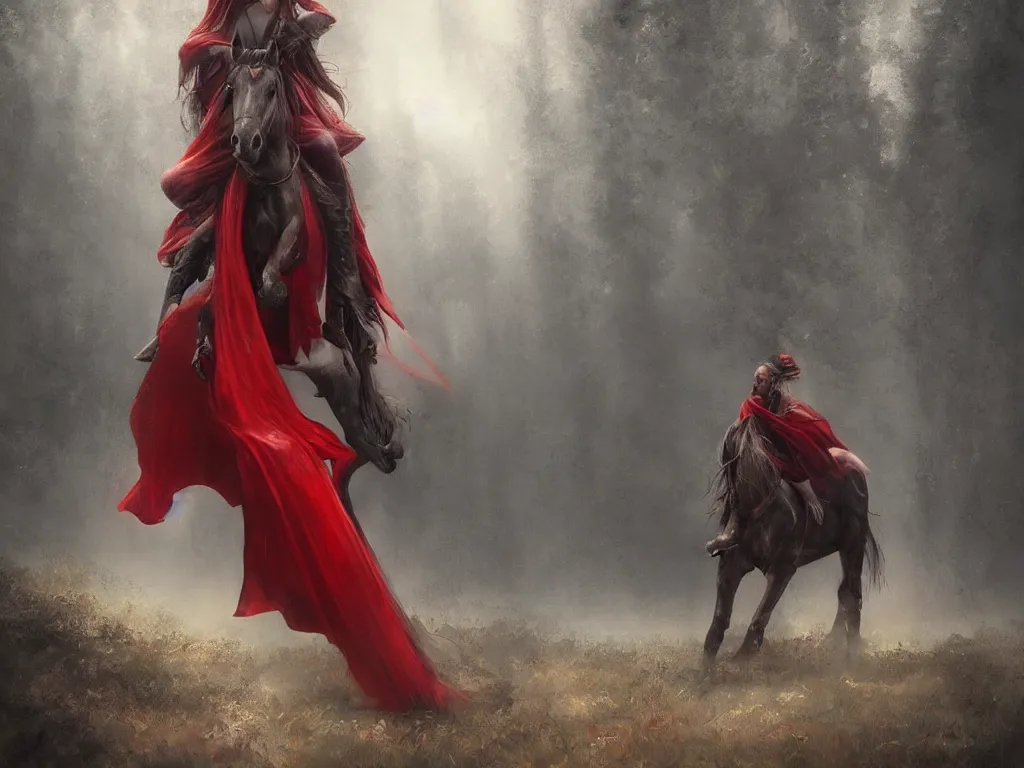 Image similar to this story has to be told in soulful pictures, forest, female rider on a horse wearing a long red cape , rays of life, cinematic, fantasy art, moody light, trending on artstation, by esao andrews, by naoto hatori, by tyler jacobson