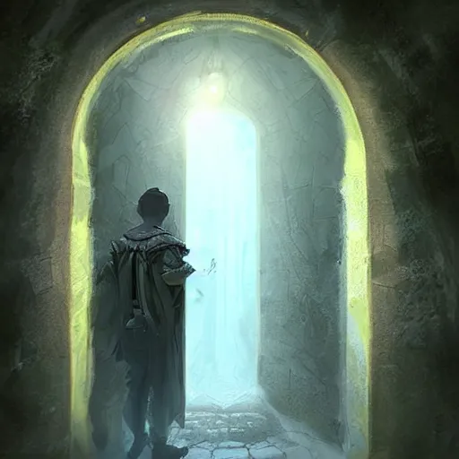 Image similar to a man through a mystical door leading to another dimension, fantasy, artstation detailed digital art