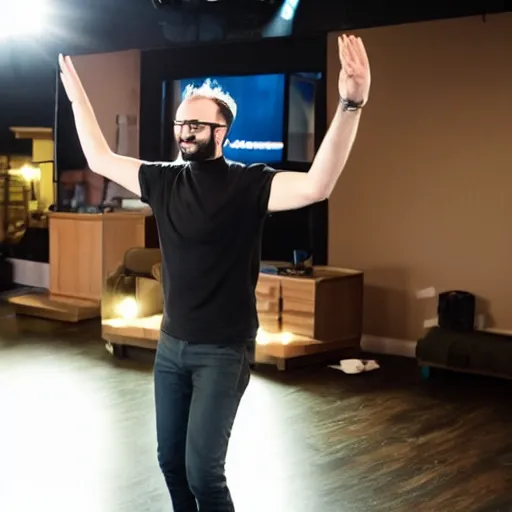 Image similar to photograph of youtuber michael stevens dancing