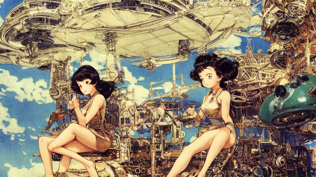 Prompt: a film still of a 1 9 5 0's mechanic anime girl sitting on top of flying ufo landing in hangar of giant ufo spaceship, intricate linework, finely detailed features, full body mid shot, perfect art, trending on pixiv fanbox, painted by gaston bussiere, makoto shinkai, akihiko yoshida, gaston bussiere, craig mullins