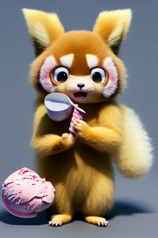 Prompt: high quality 3 d render hyperrealist very cute pastel fluffy! red panda & tarsier hybrid eating giant ice cream, vray smooth, in the style of detective pikachu, charlie immer, very dramatic light, low angle, uhd 8 k, shallow depth or field