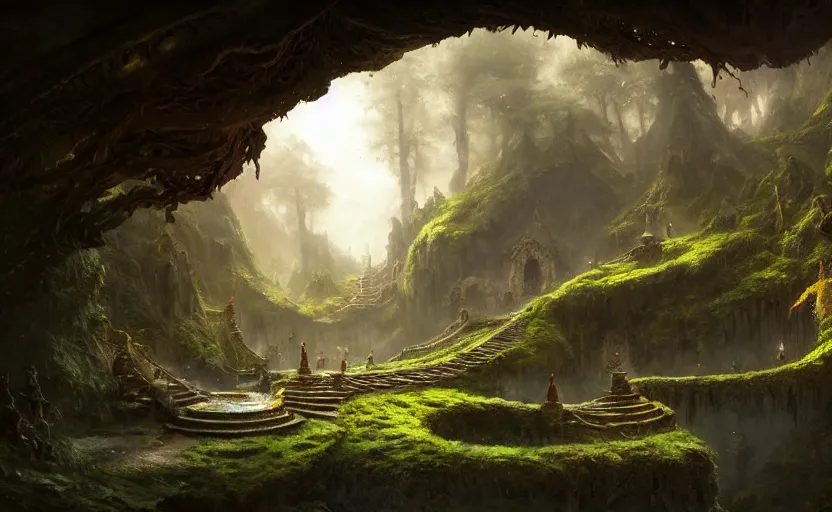 Image similar to worm's eye view of a elven headquarters carved inside a mountain, above lush garden and hot spring, well maintained, well lived, fantasy genre, natural light, fantasy, natural light, sharp focus, concept art, by greg rutkowski and craig mullins, cozy atmospheric and cinematic lighting, trending on artstation