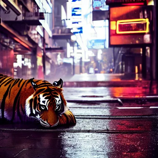 Prompt: a high quality low wide angle photo of a tiger on the streets of a cyberpunk city, rainy, reflective ground, neon lights, realism, 8k