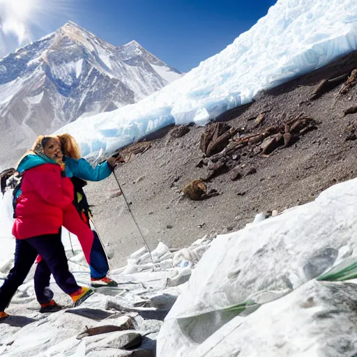 Image similar to blonde lady pushing obese indian woman in a wheelchair up mount everest