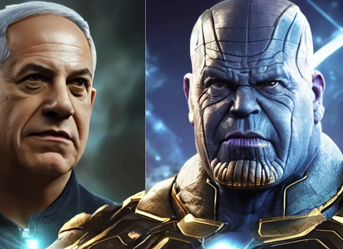 Image similar to benjamin netanyahu as thanos from avengers endgame, 8 k, bluray, screenshot