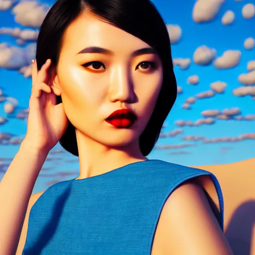 Image similar to innovative avant-garde art, deco fashion, asian women, wearing blue, highly detailed, photorealistic portrait, serene desert setting, golden hour, crisp quality and light reflections, unreal engine 5 quality render