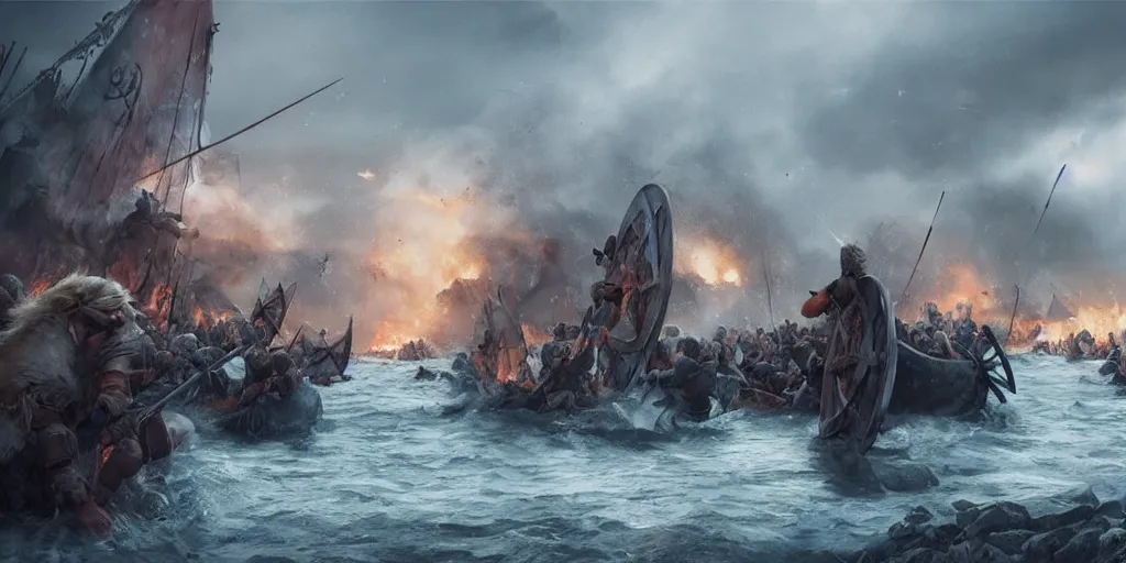 Prompt: an epic viking battle scene, by WLOP, realistic, detailed, epic scenery, blood, houses on fire