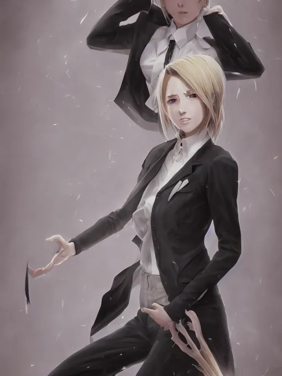 Image similar to anime illustration of annie leonhart wearing an elegant tailcoat, au naturel, hyper detailed, digital art, trending in artstation, cinematic lighting, studio quality, smooth render, unreal engine 5 rendered, octane rendered, concept art, smooth, sharp focus, illustration, art by lise deharme and james c. christensen