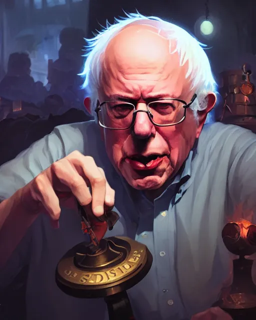 Image similar to bernie sanders as a league of legends champion, medium shot close up, details, sharp focus, illustration, by jordan grimmer and greg rutkowski, trending artstation, digital art