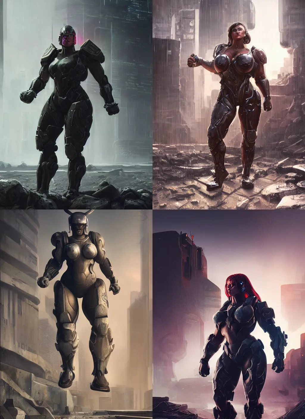 Prompt: a beefy bulky woman body builder warrior walking in a cyberpunk wasteland facing the camera, mjolnir armor from halo infinite without a helmet, intricate, female face features, 8K, octane render, Digital painting, concept art, illustration, sharp focus, centered, good value control, realistic shading, rational painting, rubber undersuit