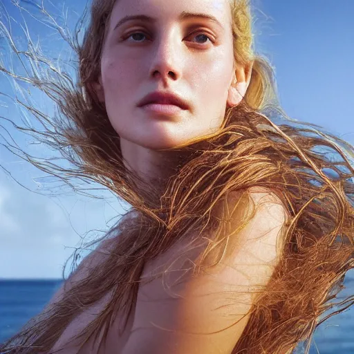 Image similar to portrait of a beautiful a young cornish woman, beach pic, depth of field, zeiss lens, detailed, symmetrical, centered, fashion photoshoot, by annie leibovitz and steve mccurry, david lazar, jimmy nelsson, breathtaking, 8 k resolution, extremely detailed, beautiful, establishing shot, artistic, hyperrealistic, beautiful face, octane render