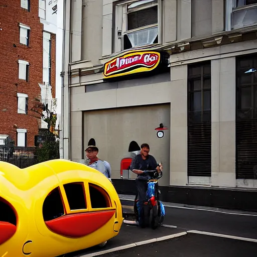 Image similar to very weird, very wrong concept of the Oscar Mayer Wienermobile on the street, photograph