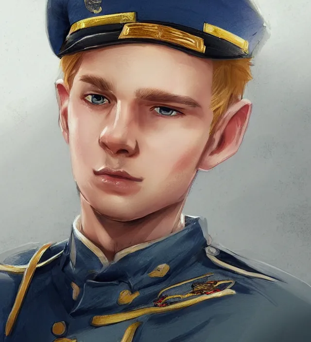 Image similar to character concept art of a cute young german boy with blond hair and bluish eyes, wearing a military uniform. lovely - fine - face, key visual, realistic shaded perfect face, fine details by rossdraws, james jean, andrei riabovitchev, marc simonetti, sakimichan, trending on artstation