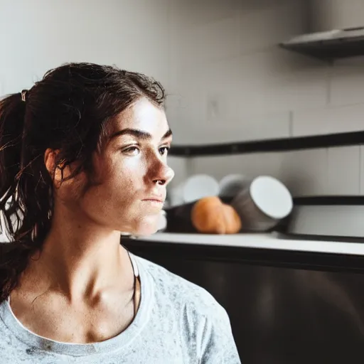 Image similar to a candid portrait of a brunette female, young, athletic, australian, pixellated face, wearing a gold tshirt in a kitchen, closeup