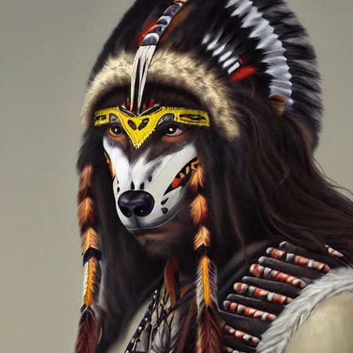 Image similar to painting portrait of a native american wearing a wolf face mask, artstation, ultra detailed