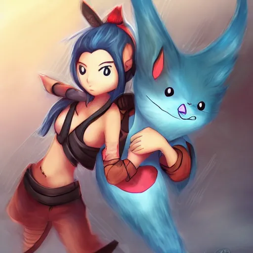 Image similar to yasuo holds yuumi by her scruff, league of legends, detailed