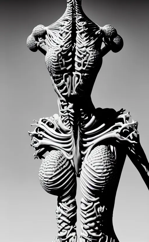 Image similar to a black and white 3D render of a full figure young female angelic-dragon-cyborg with a very long neck, Mandelbrot fractal, anatomical, flesh, facial muscles, veins, arteries, full frame, microscopic, elegant, highly detailed, flesh ornate, elegant, high fashion, rim light, 150 mm lens, octane render in the style of H.R. Giger and Man Ray, Realistic, Refined, Digital Art, Highly Detailed, Cinematic Lighting, rim light, photo-realistic Unreal Engine, 8K