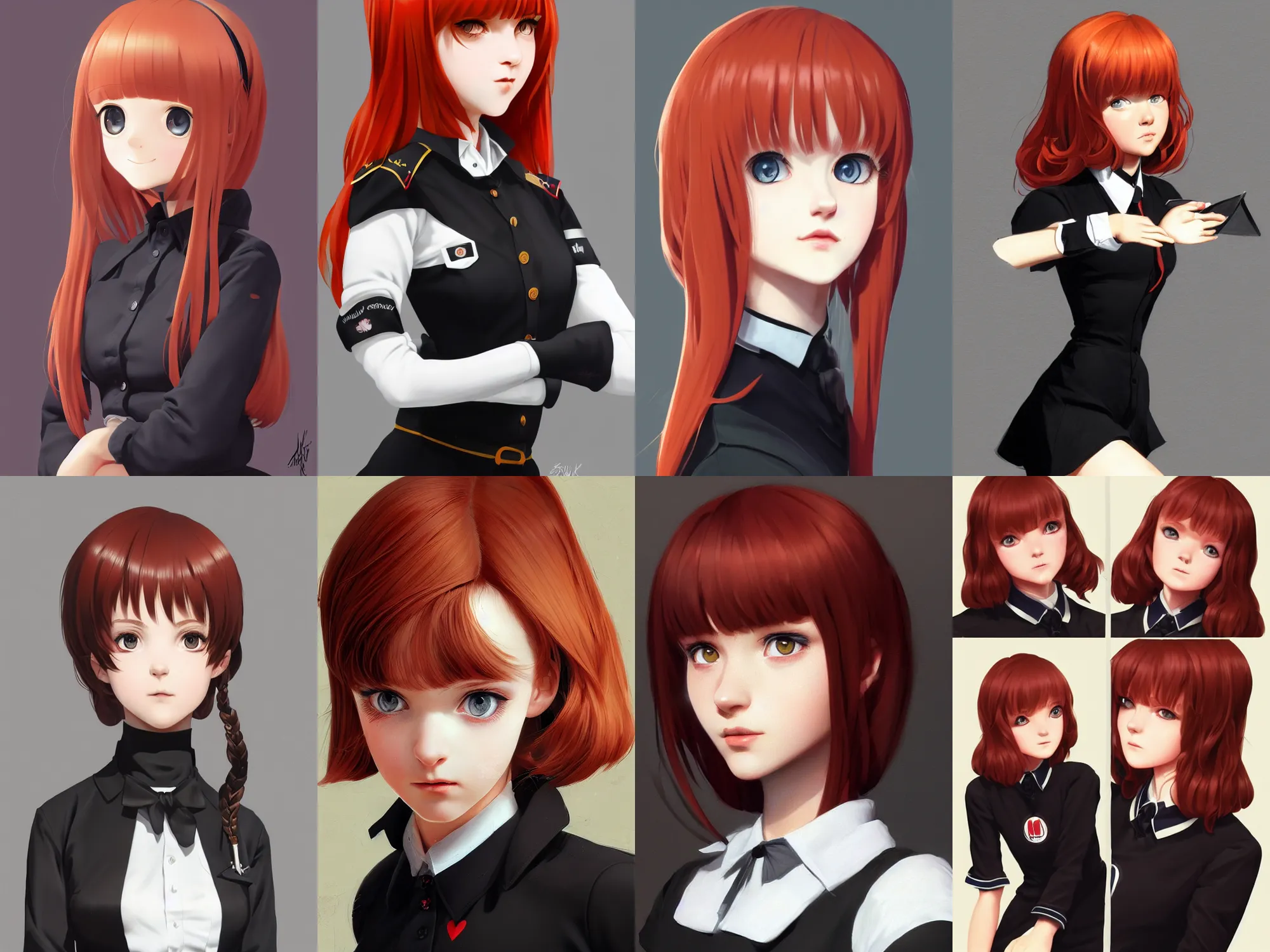 Prompt: Gorgeous ultrarealistic redhead Italian schoolgirl, in black uniform, very detailed eyes. By ilya kuvshinov, krenz cushart, Greg Rutkowski, trending on artstation. Realistic materials, large highlights, accurate shape, clear curvy details, cinematic soft volumetric studio lighting, with backlight