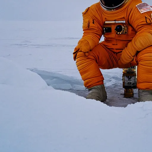 Image similar to astronaut in orange polar exploration suit crouching down in the snow behind a small plant