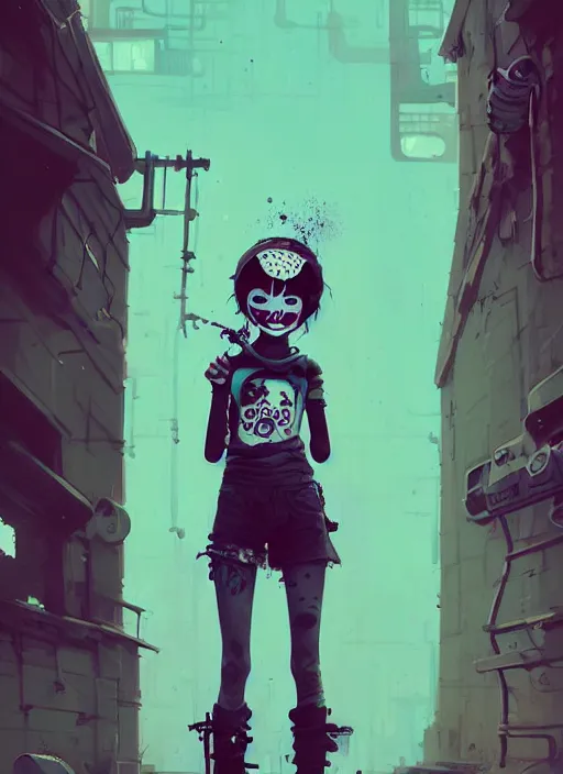 Image similar to highly detailed portrait of a sewer punk young lady with white graffiti face paint by atey ghailan, james gilleard, by joe fenton, by greg rutkowski, by greg tocchini, by kaethe butcher, 4 k resolution, gradient yellow, black, brown and cyan color scheme, grunge aesthetic!!! ( ( dystopian graffiti tag wall in background ) )