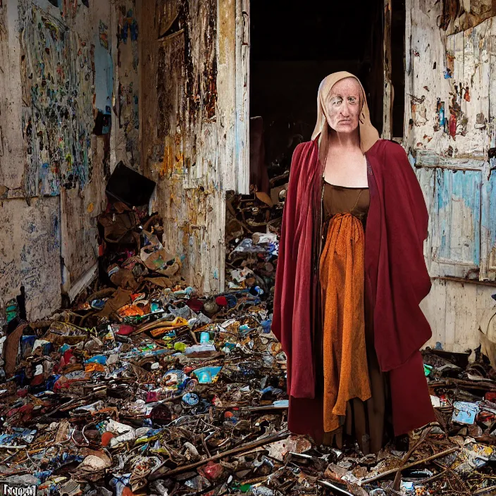 Image similar to closeup portrait of a woman wearing a cloak made of toys, standing in a desolate abandoned house, by Annie Leibovitz and Steve McCurry, natural light, detailed face, CANON Eos C300, ƒ1.8, 35mm, 8K, medium-format print