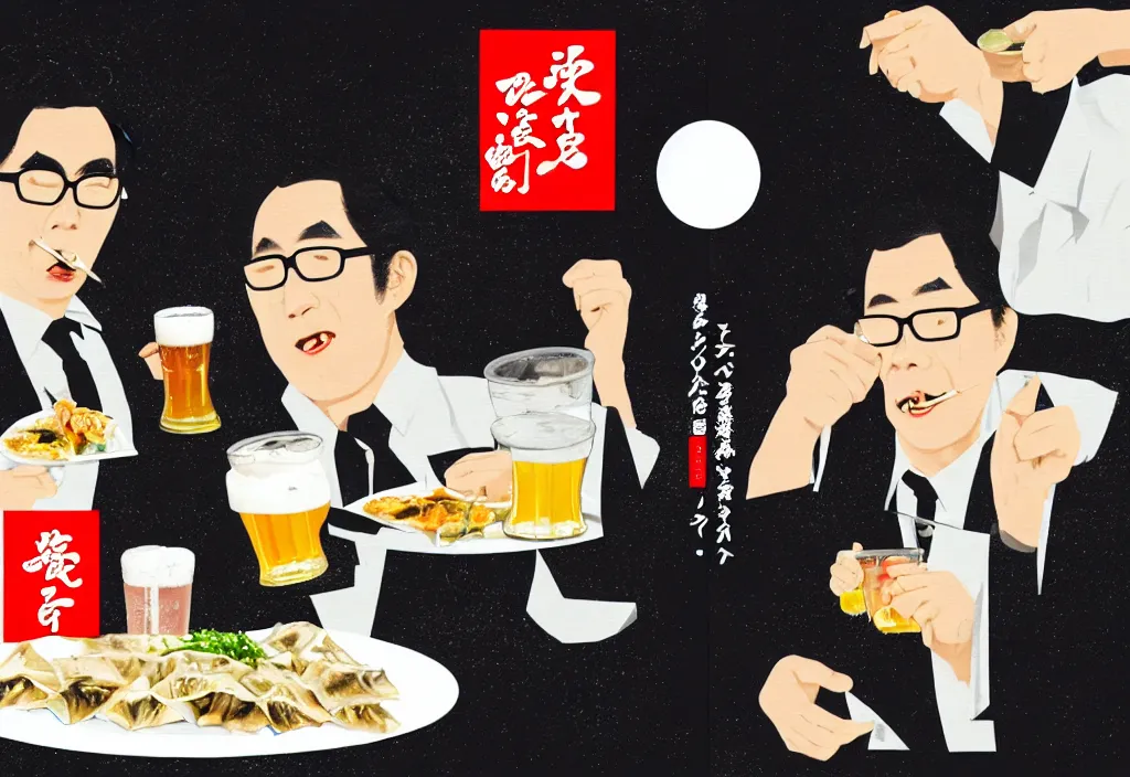 Image similar to two businessmen eating gyoza and drinking beer at an outdoor table in nighttime izakaya in shinbashi tokyo, japan, a collage painting, in the style of wes anderson, lola dupre, david hockney, isolated on negative white space background dark monochrome fluorescent neon spraypaint accents volumetric octane render