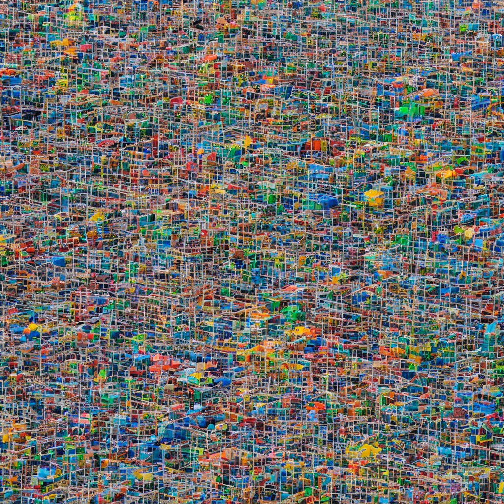 Image similar to a close - up view of a single high tower made up of various colourful makeshift squatter shacks, surrounded by collapsing construction material, sony a 7 r 3, f 2 2, fully frontal view, photographed by wolfgang tillmans, ultra detailed,