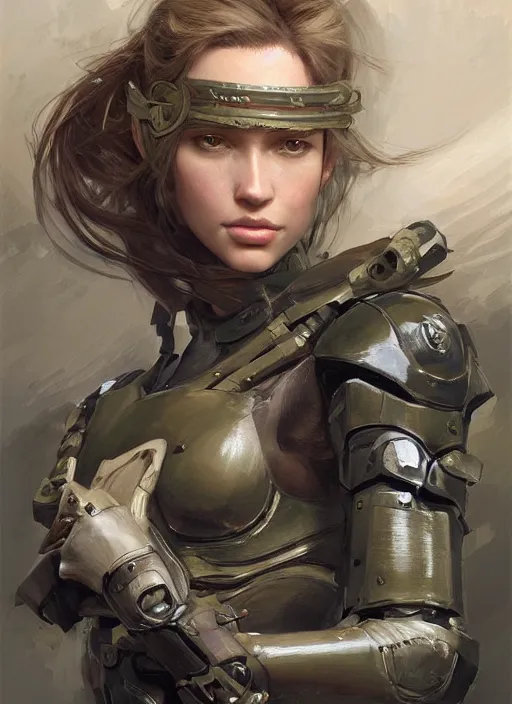 Image similar to a professional painting of a beautiful young female, clothed in military armor, olive skin, long dark hair, beautiful bone structure, symmetrical facial features, intricate, elegant, digital painting, concept art, smooth, sharp focus, illustration, from Metal Gear, by Ruan Jia and Mandy Jurgens and Artgerm and William-Adolphe Bouguerea