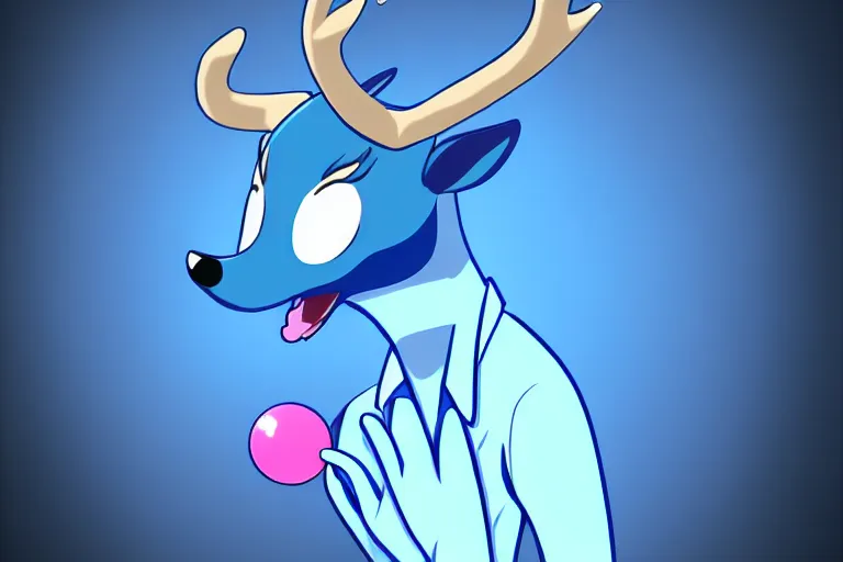 Prompt: a sexy anthropomorphic male blue deer wearing a sky blue latex suit blowing a bubble gum bubble, furry art, cinematic, deviantart