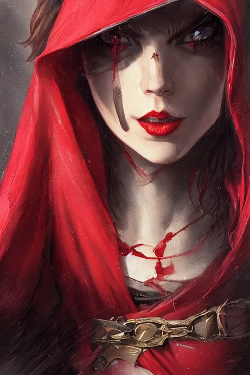 Image similar to thief red riding hood, d & d, fantasy, portrait, highly detailed, headshot, digital painting, trending on artstation, concept art, sharp focus, illustration, art by artgerm and greg rutkowski and magali villeneuve