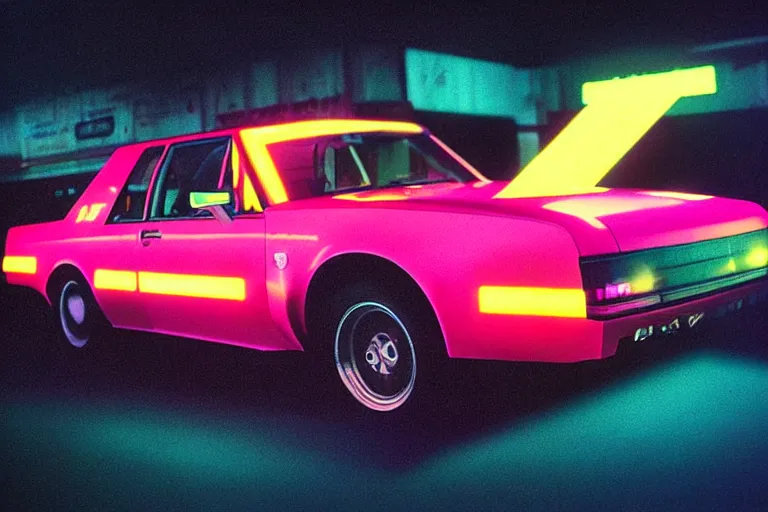 Image similar to stylized poster of a single gnx grand national, thick neon lights, ektachrome photograph, volumetric lighting, f 8 aperture, cinematic eastman 5 3 8 4 film