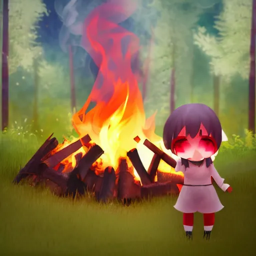 Image similar to cute fumo plush manic happy pyromaniac girl giddily starting a huge bonfire in the forest, stylized pbr anime shader, burning flames, warm glow and volumetric smoke vortices, filmic, rule of thirds composition, vignette, vray