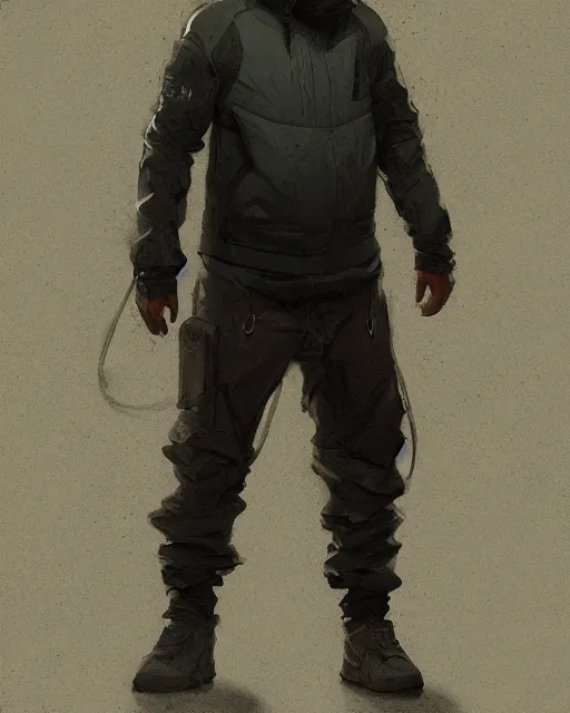 Image similar to Medium shot of a character wearing techwear in the style of greg rutkowski