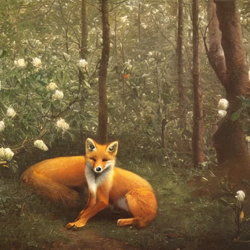 Image similar to a portrait of a Red Fox in a white magnolia forest in the style Alexandre Cabanel