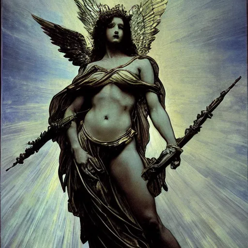 Image similar to heavenly angel of death and solace by gustave dore and alphonse mucha yoji shinkawa apophasis