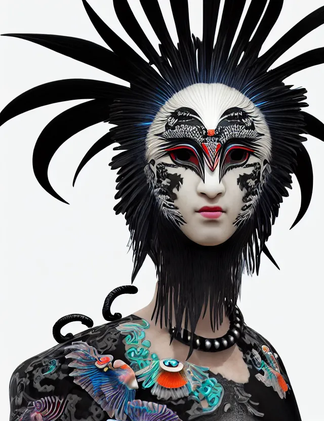 Image similar to 3 d goddess close - up profile simple portrait punk with mohawk with ram skull. beautiful intricately detailed japanese crow kitsune mask and clasical japanese kimono. betta fish, jellyfish phoenix, bio luminescent, plasma, ice, water, wind, creature, artwork by tooth wu and wlop and beeple and greg rutkowski