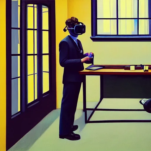 Image similar to A fine art painting of a man wearing Vr goggles dressed in tech wear and creating the metaverse at a desk through a window on a British street. In the style of Edward Hopper and Wes Anderson