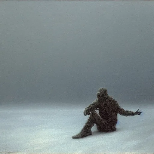 Image similar to surrealist painting, closeup of a lonely man curled up and enveloped by smoke, on a snowy post apocalyptic field, painting by beksinski