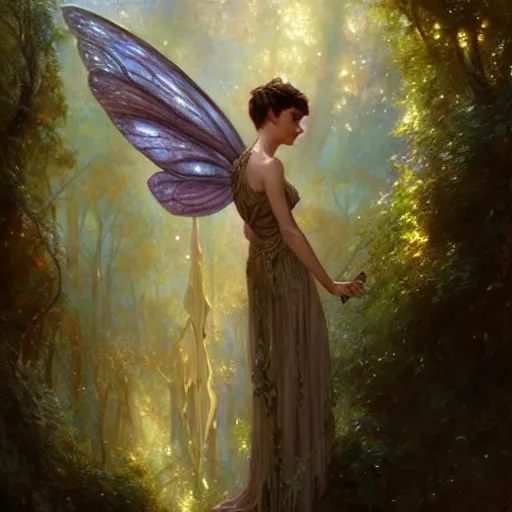 Image similar to audrey hepburn as a winged fairy in a fantasy forest, various backgrounds, highly detailed, digital painting, artstation, matte, illustration, art by gaston bussiere, greg rutkowski, tom bagshaw