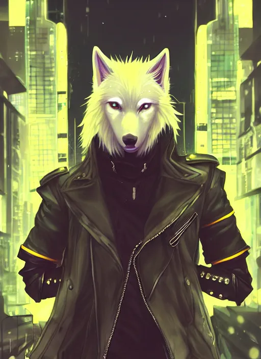 Prompt: award winning beautiful portrait commission of a male furry anthro albino wolf fursona with a tail and a cute beautiful attractive detailed furry face wearing stylish black and yellow cyberpunk biker clothes in a cyberpunk city at night while it rains. Character design by charlie bowater, ross tran, artgerm, and makoto shinkai, detailed, inked, western comic book art