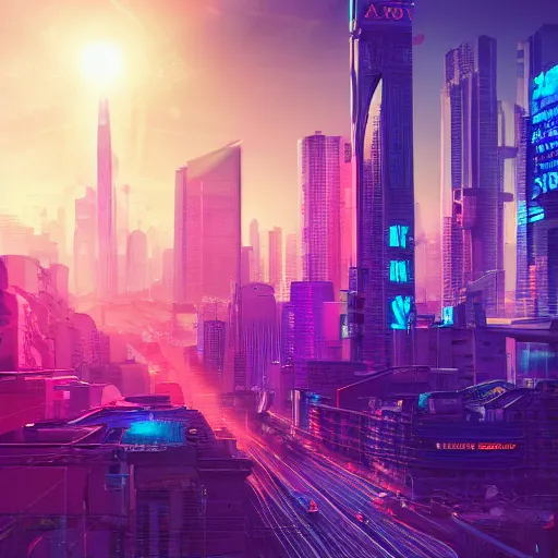 Image similar to a cityscape, synthwave aesthetics, detailed illustration, octane render, god rays, intricate, epic lighting, cinematic composition, hyper realistic, 8 k resolution, unreal engine 5, by artgerm, tooth wu, dan mumford, beeple, wlop, artstation