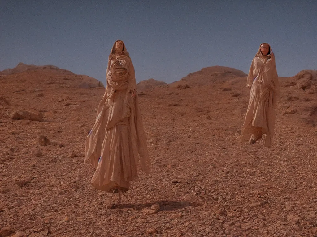 Image similar to levitating glowing bene gesserit with full - face golden mask and glowing eyes in a dry rocky desert landscape, sunny atmosphere, fata morgana giant mirrors, portal, spaceship in the sky by christopher doyle and alejandro jodorowsky, anamorphic lens, kodakchrome, cinematic composition, practical effects, very detailed photo, complex structures, 8 k,