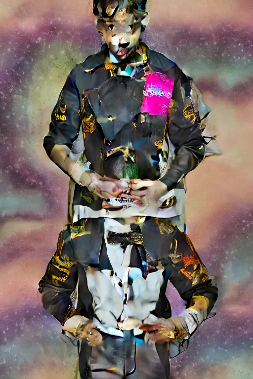 Image similar to Ethereal safari landscape with a pink rainbow sky under a god moonstone, black leather and embroidered Lolita dapper bespoke avant-garde tuxedo in velvet, black and gold rich color, dramatic cinematic lighting, featured on Artstation, extremely detailed by Lisa Frank