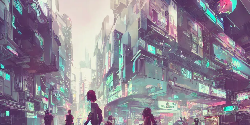 Image similar to girl creates something great, illustration, reality, cyberpunk, wide shot, light colors, highly detailed, sharp focus