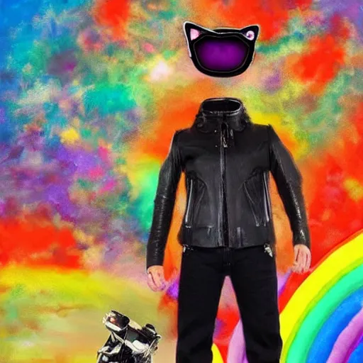 Image similar to wide angle full body, jacket wearing fluffy cute rainbow kitten wearing a black leather motorcycle jacket, cinematic concept art