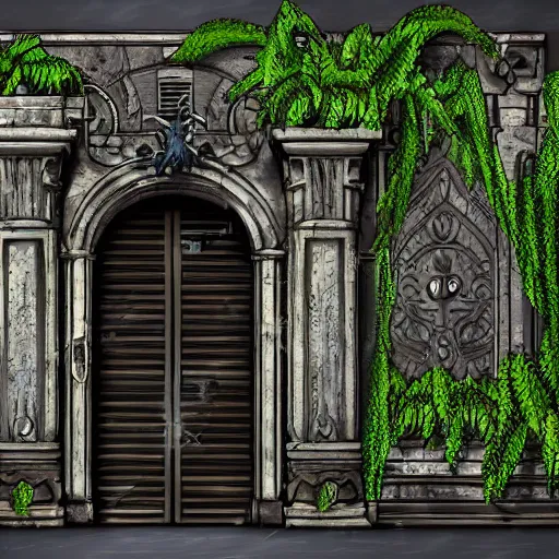 Image similar to entrance of a mansion, gargoyles, plants, highly detailed, realistic, background of resident evil game