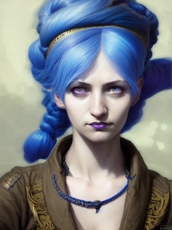 Image similar to a ARCANE ART Portrait of JINX The Loose Cannon, blue hair, long pigtail, intricate, elegant, highly detailed, digital painting, concept art, smooth, sharp focus, illustration, by Laurie Greasley,Lawrence Alma-Tadema,Dan Mumford,artstation,deviantart,Unreal Engine,face enhance,8K,golden ratio,cinematic lighting