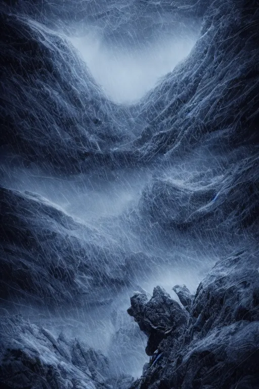 Prompt: digital matte fantasy dreamy mountain scape dark tones snow, alien landscape, photo realism, storm, 8 k by alex grey